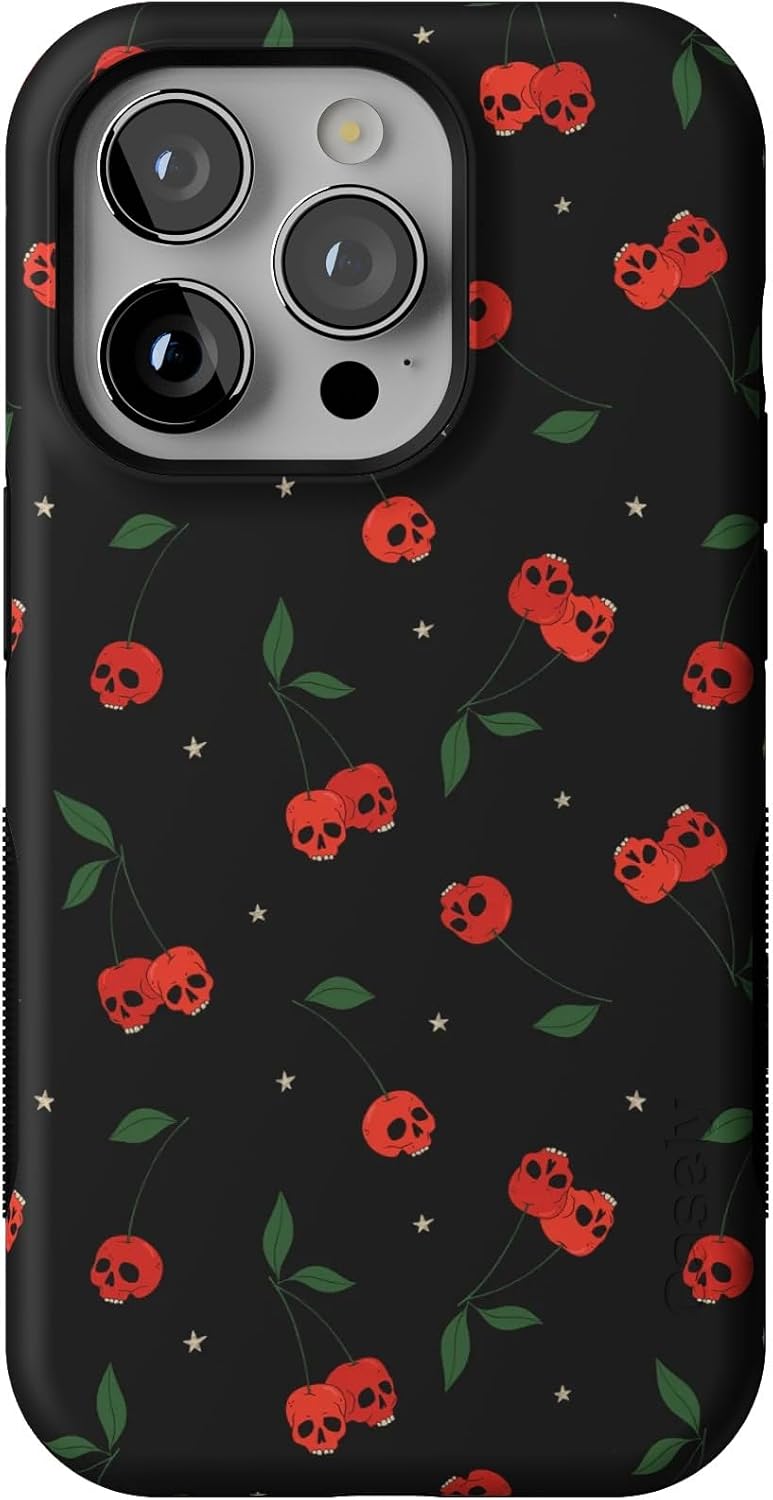 Bold Protective iPhone 14 Pro Case with Cherry Skulls Design