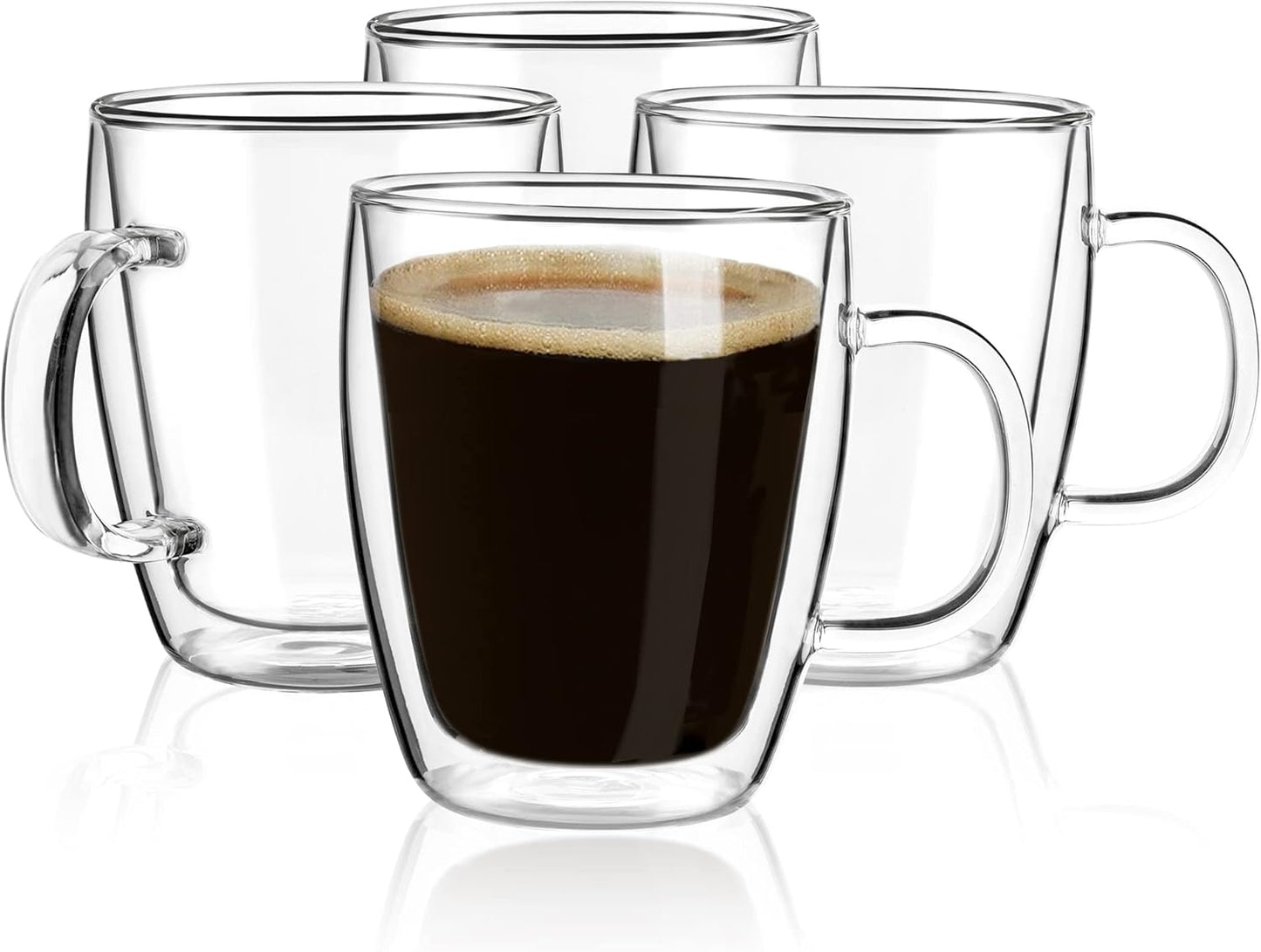 Double Wall Coffee Mugs - 16 Ounce Clear Glass Set of 4