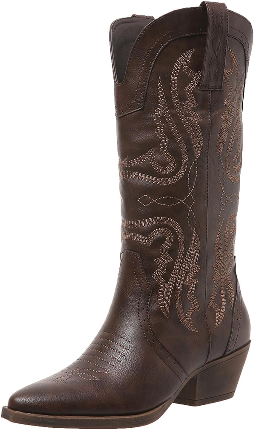 Cowboy Boots for Women Mid Calf Chunky Block Heel Stylish