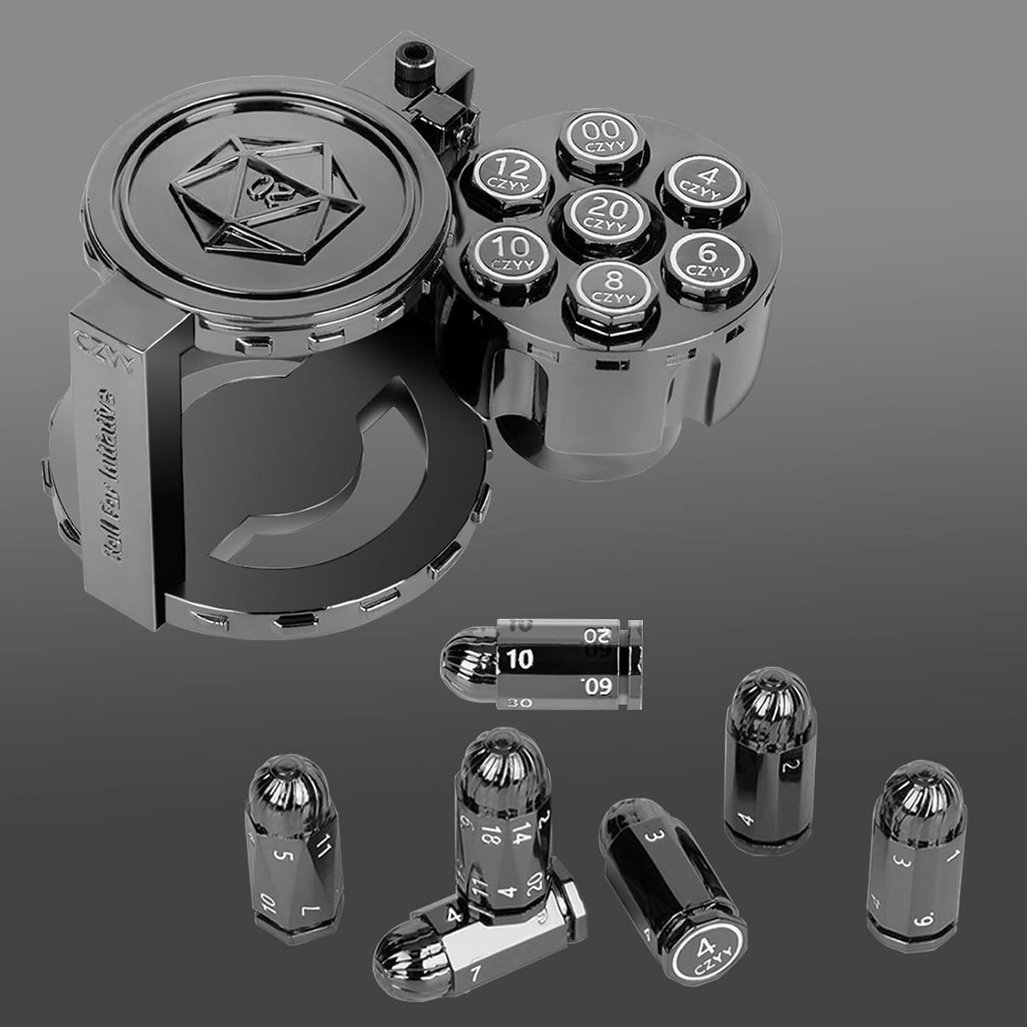 Unique Bullet Shaped Polyhedral Dice Set with Revolver Case