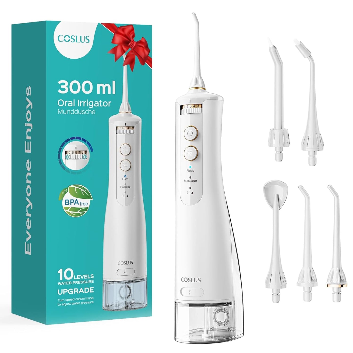 COSLUS Portable Water Flosser: 10 Pressure Settings for Teeth