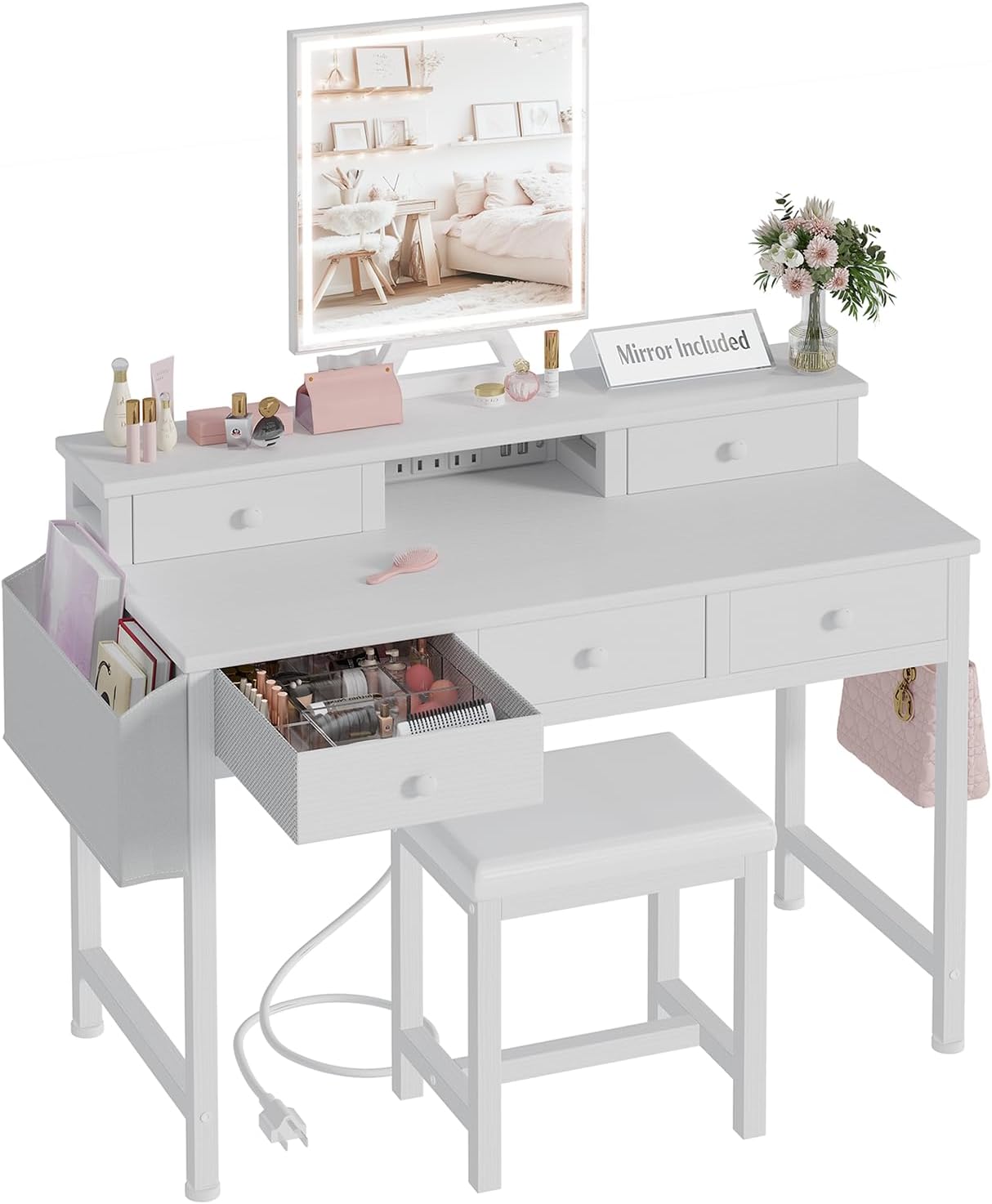 White Makeup Vanity Desk with Mirror and Lights for Small Spaces