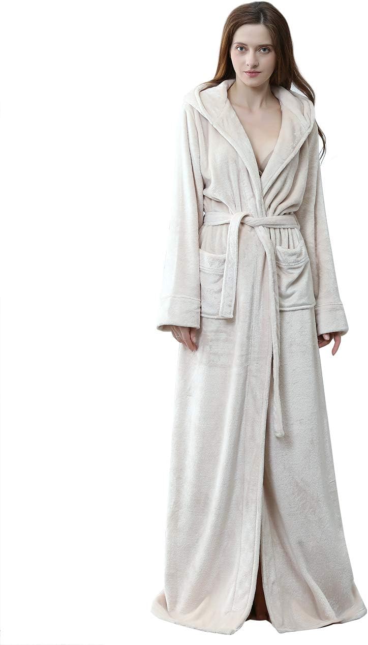 iCREAT Womens Long Hooded Bathrobe Fleece Full Length Comfort
