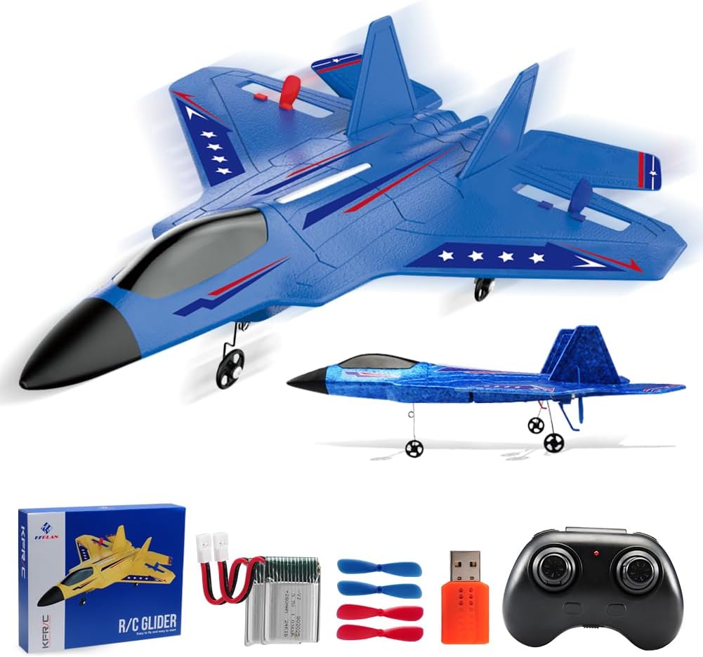 Blue RC Plane for Kids - Upgrade F-22 Raptor Fighter Jet