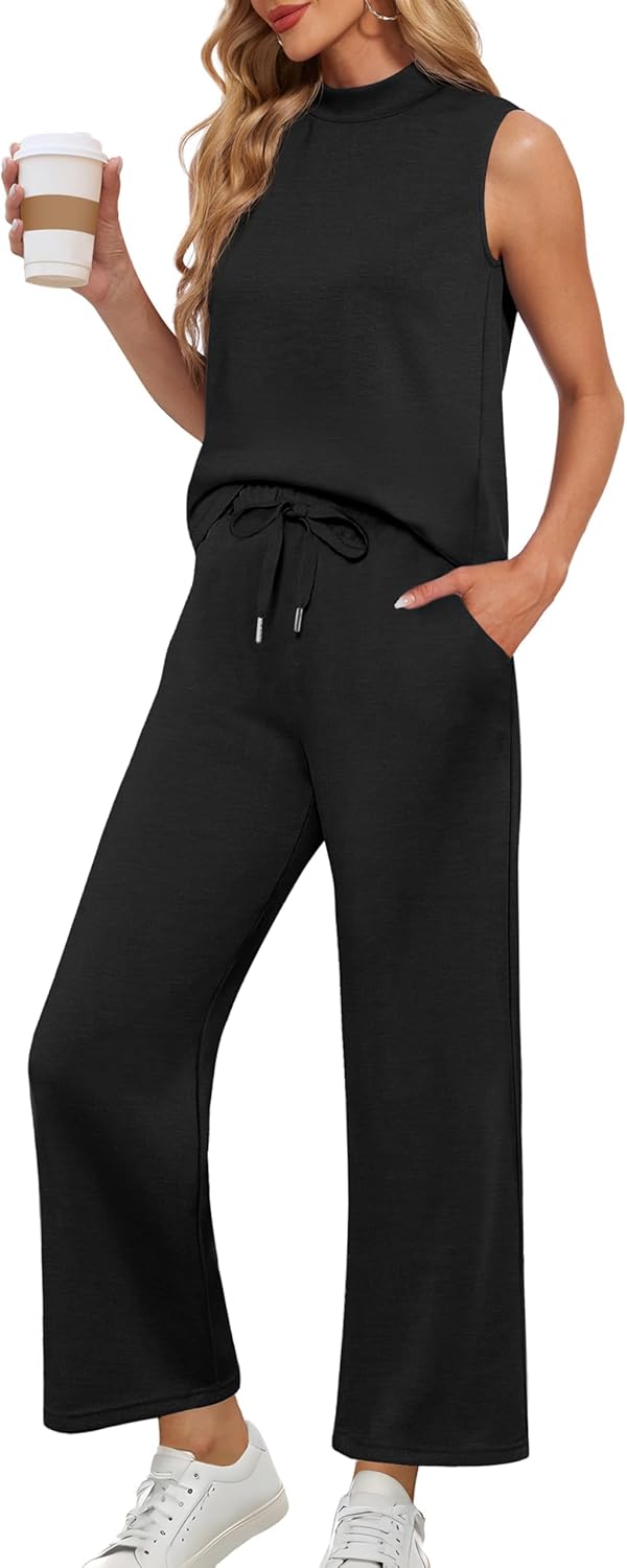 Lepunuo Two Piece Sets for Women Summer Mock Neck Sleeveless