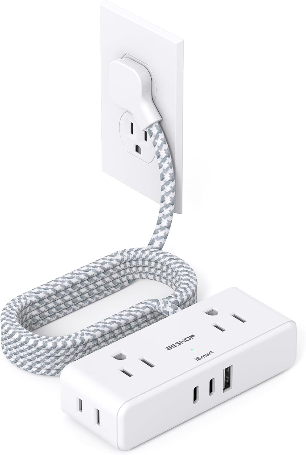 BESHON Flat Extension Cord with USB Ports - Compact Power Strip