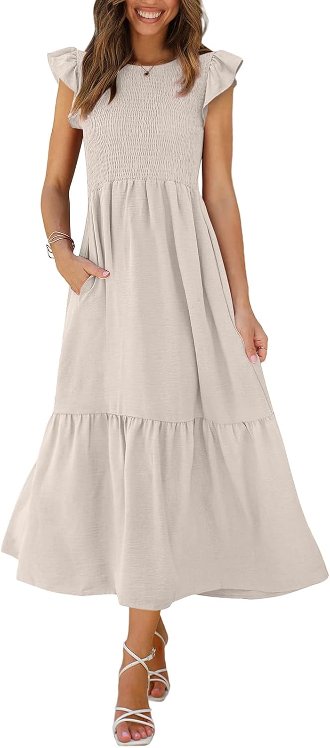 OFEEFAN Women's Casual Maxi Dresses with Pockets and Ruffles