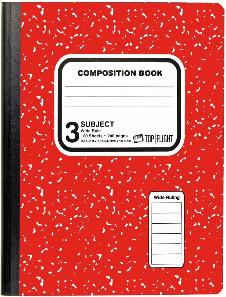 Top Flight Marble Composition Book - 3-Subject Wide Rule for Organized Notes!