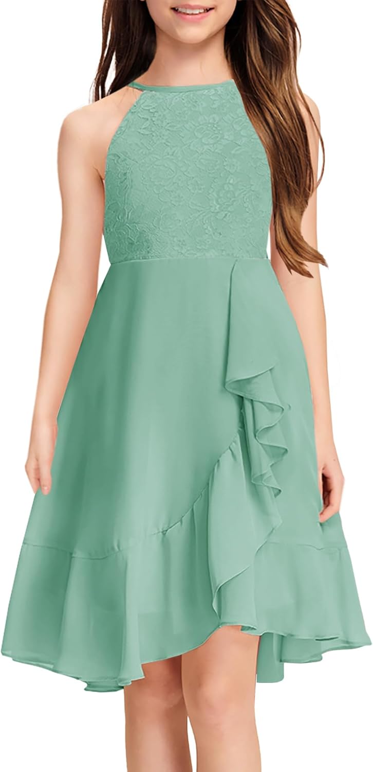 Girls Lace Flower Ruffle Dress for Junior Bridesmaids and Parties