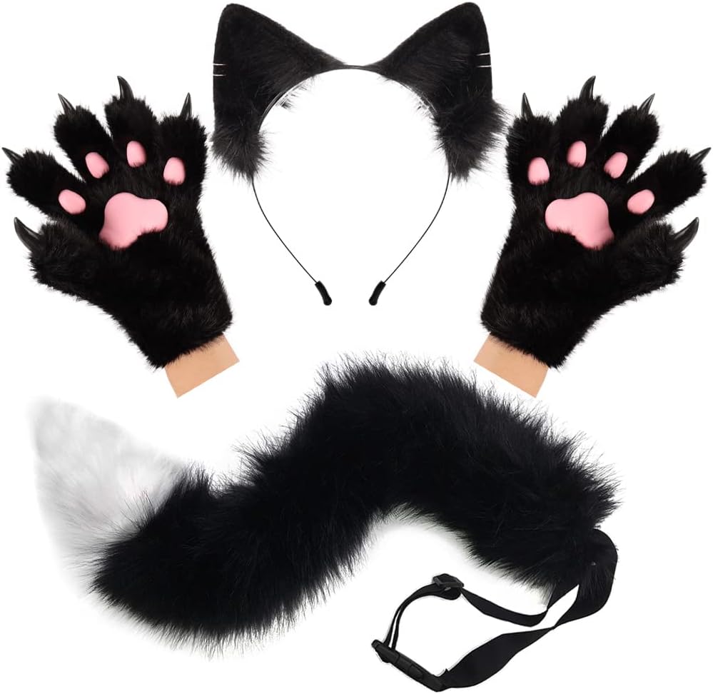 HAOAN Wolf Fox Tail Clip Ears and Gloves Set for Costume Fun