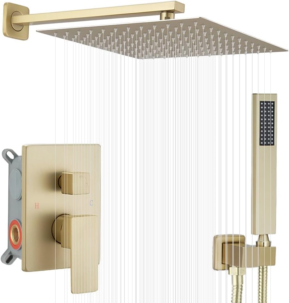 Brushed Gold Shower System 12 Inch Luxury Rain Mixer Combo Set