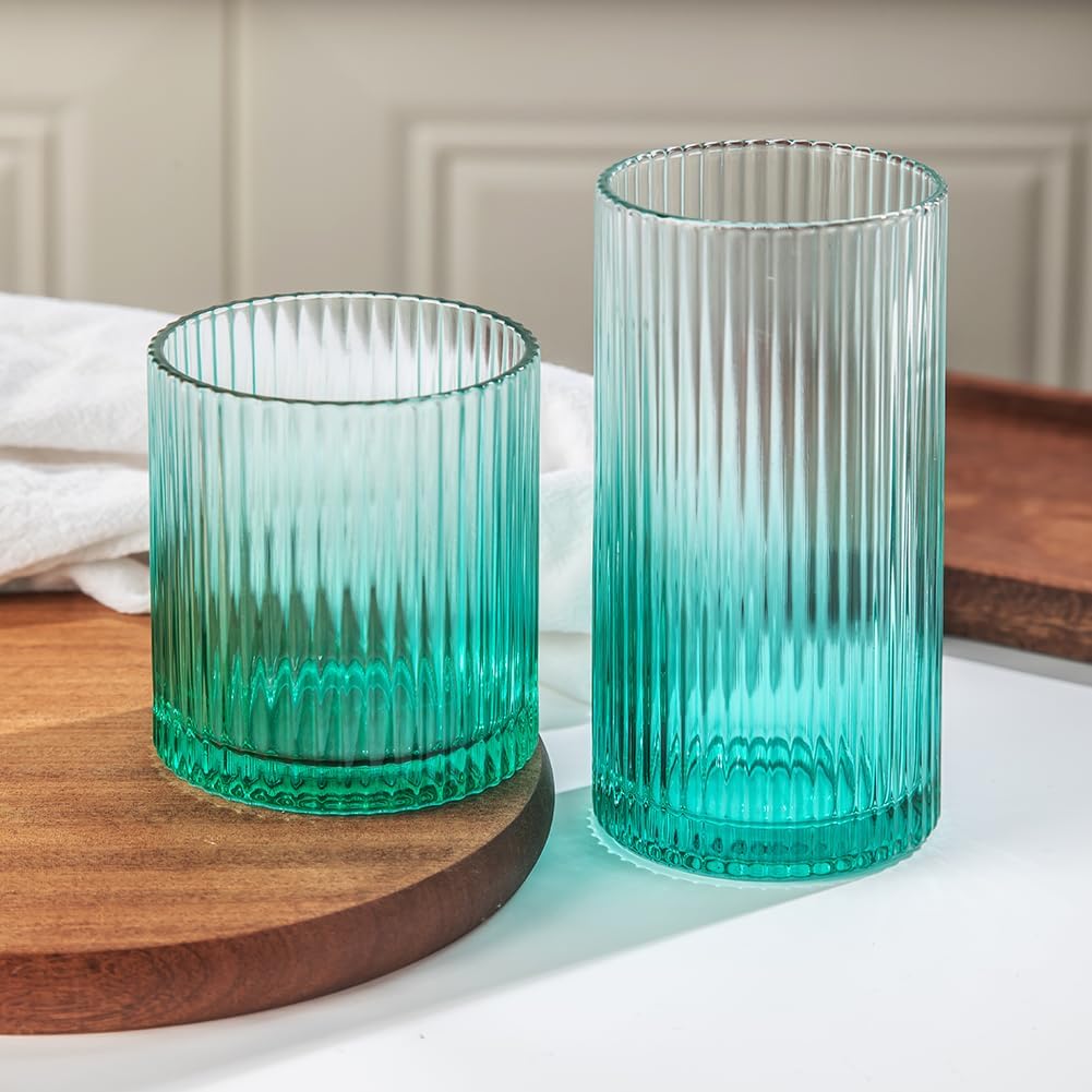 Ribbed Drinking Glasses Set of 8 for Parties and Everyday Use