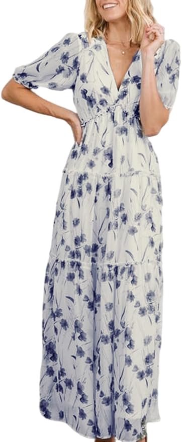 Amegoya Women's Casual Short Sleeve V Neck Floral Maxi Dress