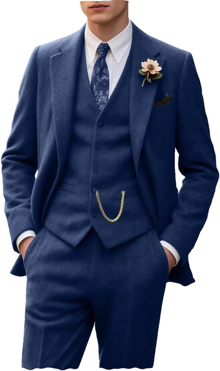 Retro Tweed Men's Suit 3 Piece Slim Fit Herringbone Tuxedo Set
