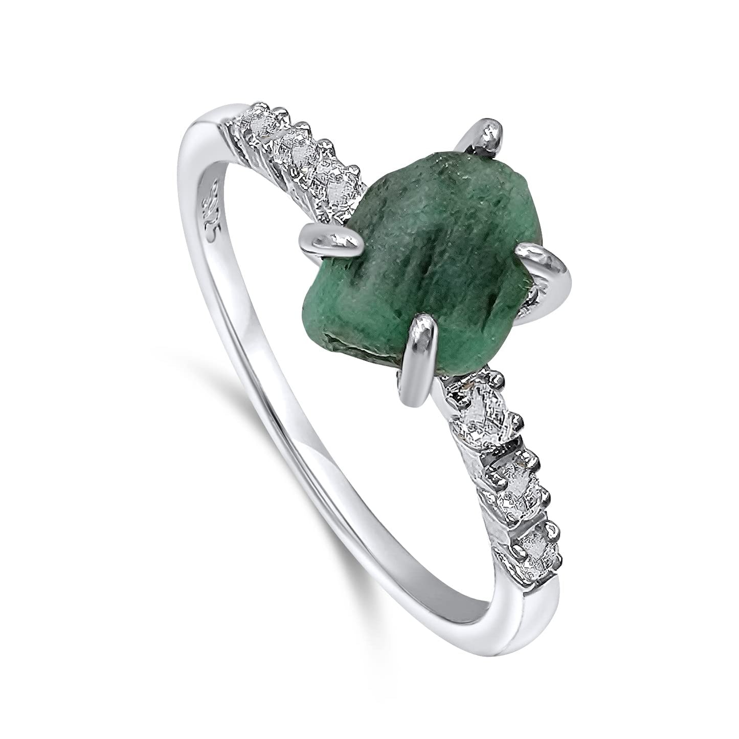 Real Raw Emerald Dainty Ring in White Gold for May Birthstone