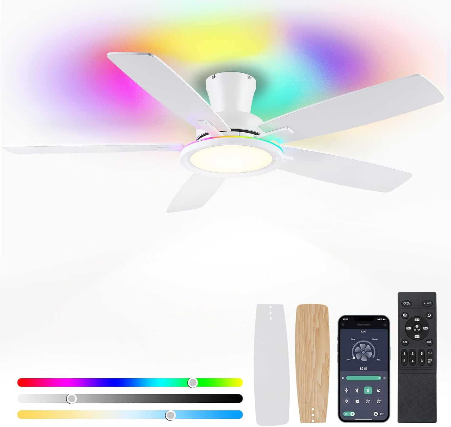 Flush Mount RGB Ceiling Fan with Light - 52In White Design