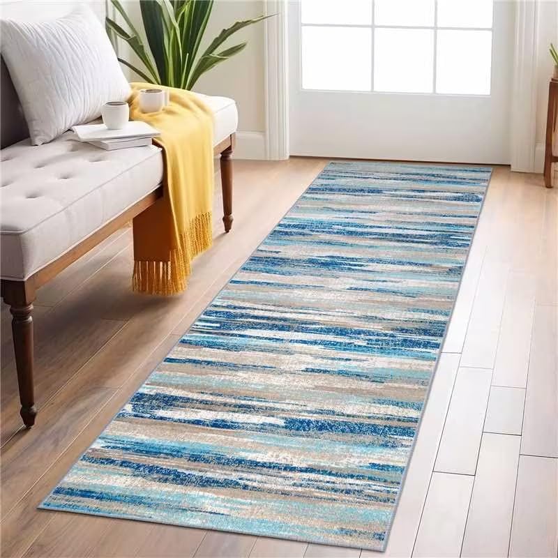 Modern Abstract 2x6 Blue Washable Kitchen Runner Rug for Home