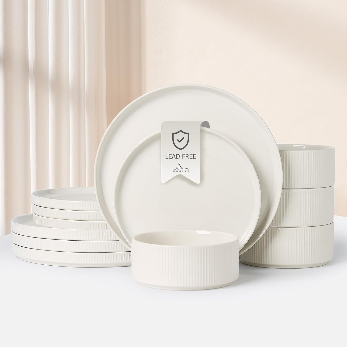 Unique MONITO Ceramic Plates and Bowls Set for 4, 12PCS Dinnerware
