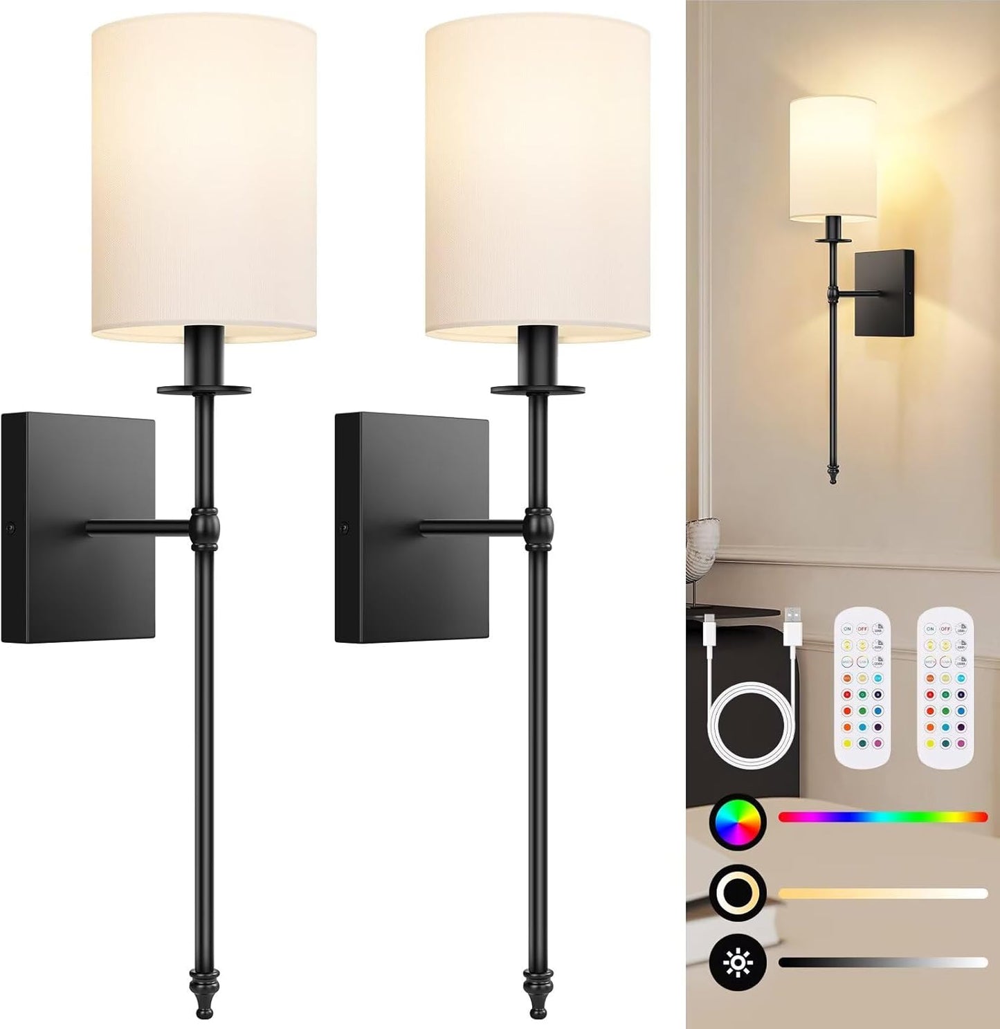 24.8 Inch Black Battery Operated Wall Sconces Set of 2 for Home