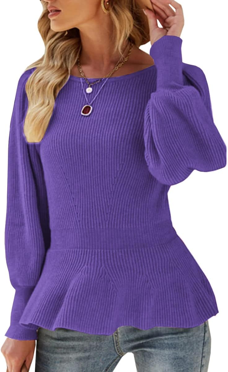 Womens Fall Puff Sleeve Peplum Casual Slim Fit Knit Pullover