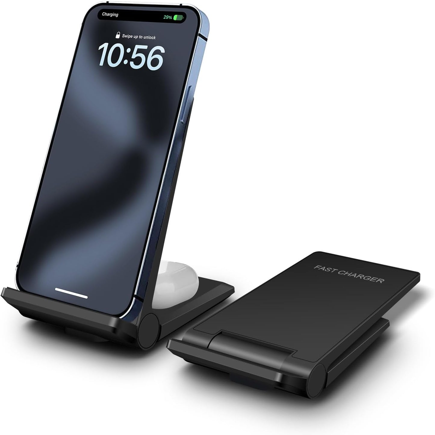 2-in-1 Fast Wireless Charger Stand - Quick Charge 20W - iPhone, AirPods, Samsung Galaxy - Black
