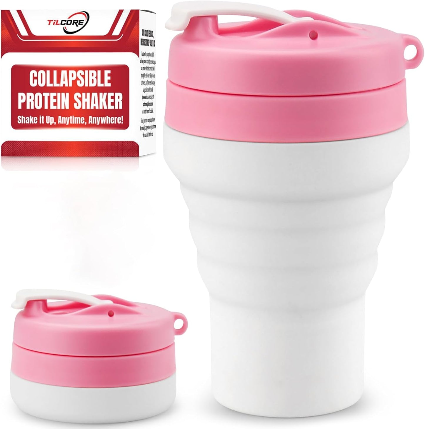 Collapsible Pink Protein Shaker - Leakproof 600mL Tilcore
