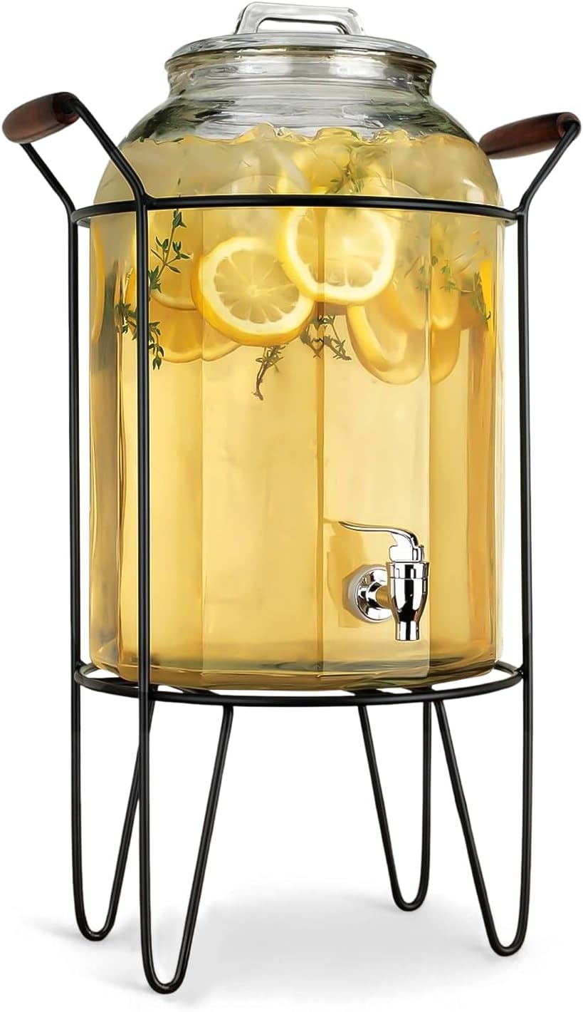 3 Gallon Glass Beverage Dispenser with Metal Stand for Parties