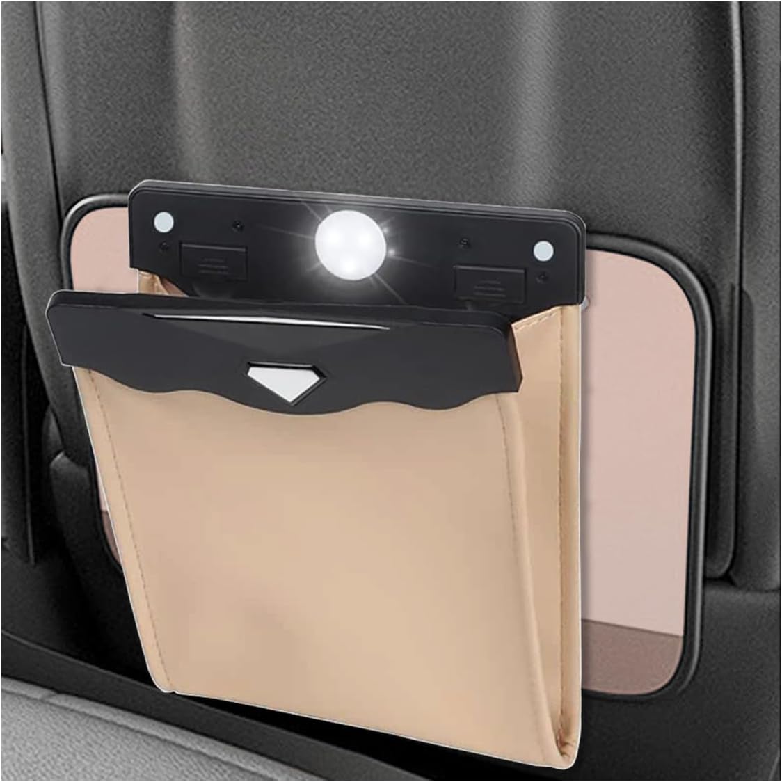 KITUREK Waterproof Leather Car Trash Bin - LED & Magnet Closure - Beige