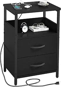 End Table with Charging Station and Fabric Drawer for Small Spaces