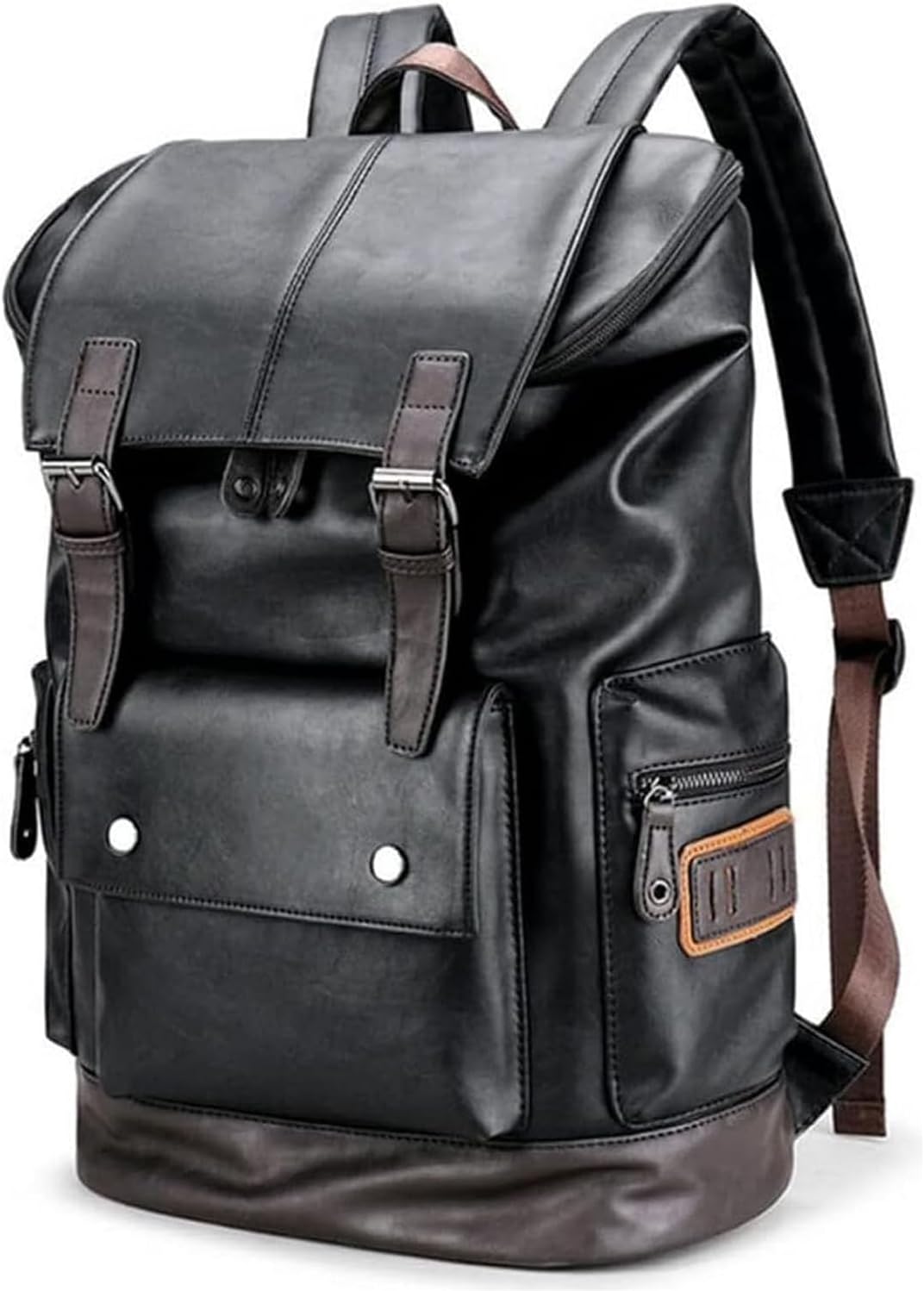 CHAO RAN Leather Laptop Backpack for Men - Vintage Black Work Bag