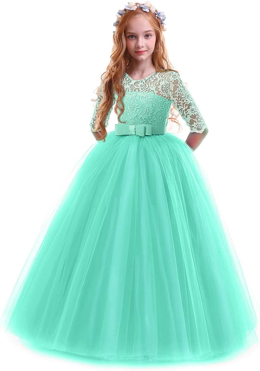 Girls Flower Vintage Floral Lace 3/4 Sleeves Dress for Parties