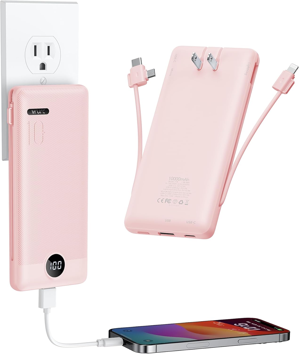 VRURC 10000mAh PD Fast Charger - Built-in Cables - Pink