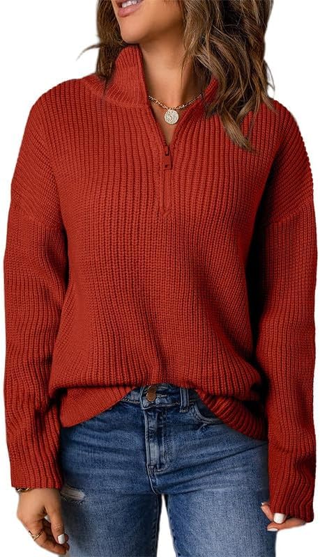 Dokotoo Womens 1/4 Zip Pullover V Neck Sweater for Casual Wear