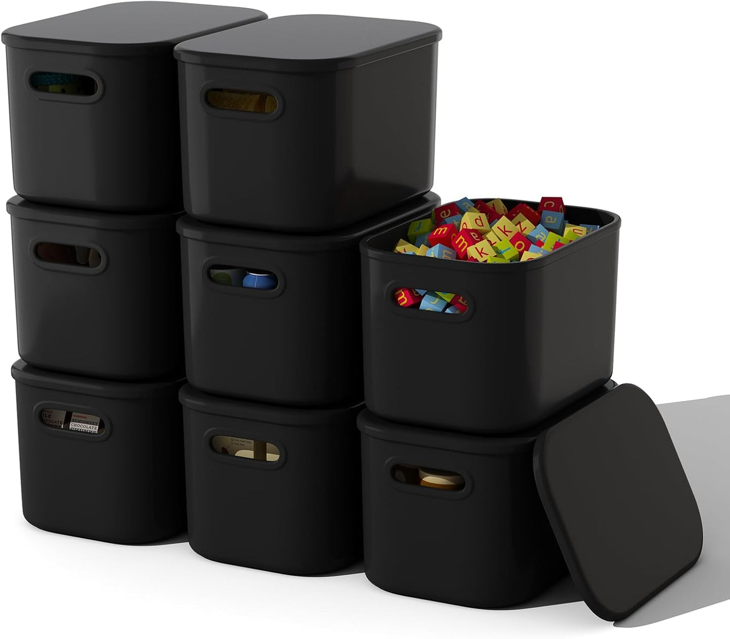 Versatile 8 Pack Black Storage Bins with Lids for Organizing