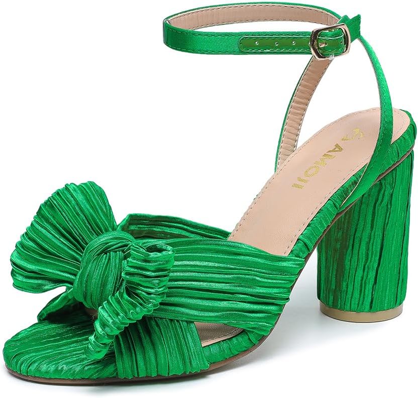 Amoji Women's Satin Block Heeled Sandal with Bowknot Design