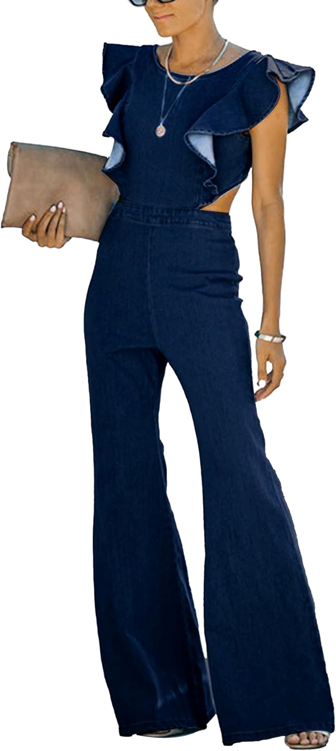 Omoone Womens Flared Denim Overalls Jumpsuit for Style