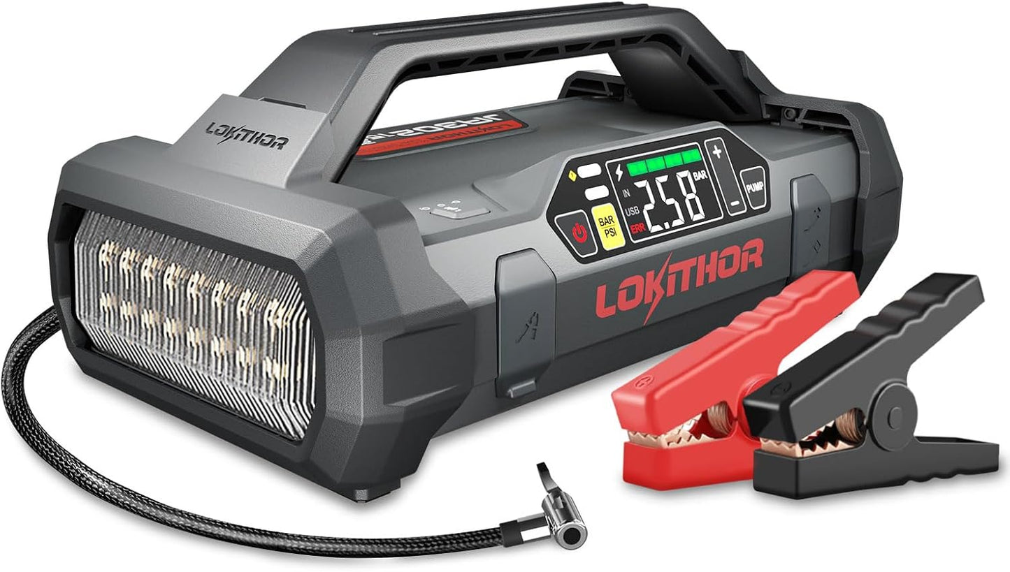 LOKITHOR Jump Starter: 2500A 12V Portable Car Booster & Air Compressor