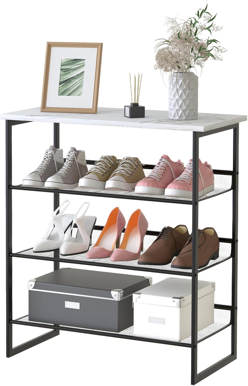 4 Tiers White Marble Shoe Rack for Entryway and Living Room