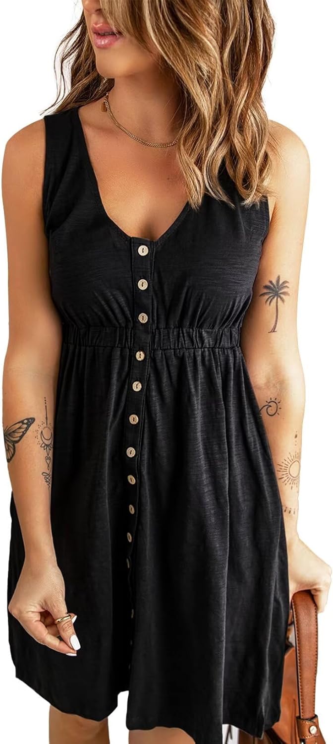 Acelitt Women Summer Casual Sleeveless Button Down Dresses