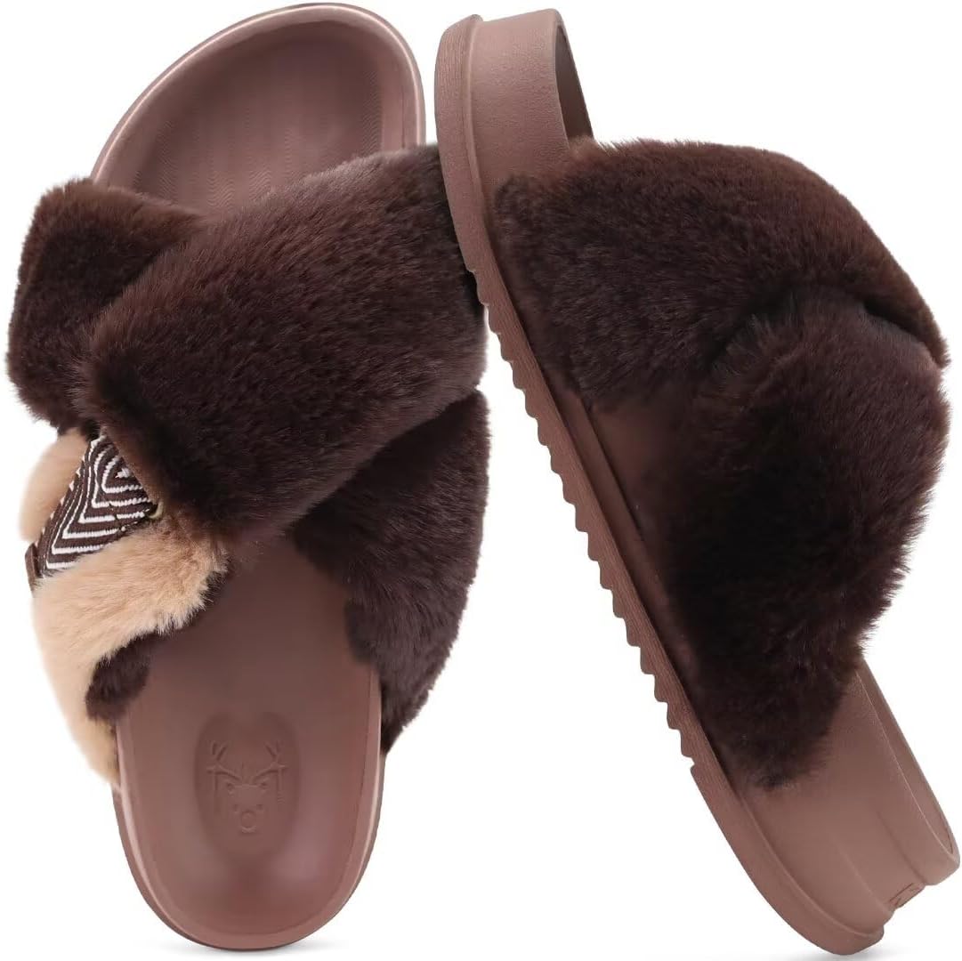 KuaiLu Women's Fuzzy Cross Band Platform Slippers for Comfort