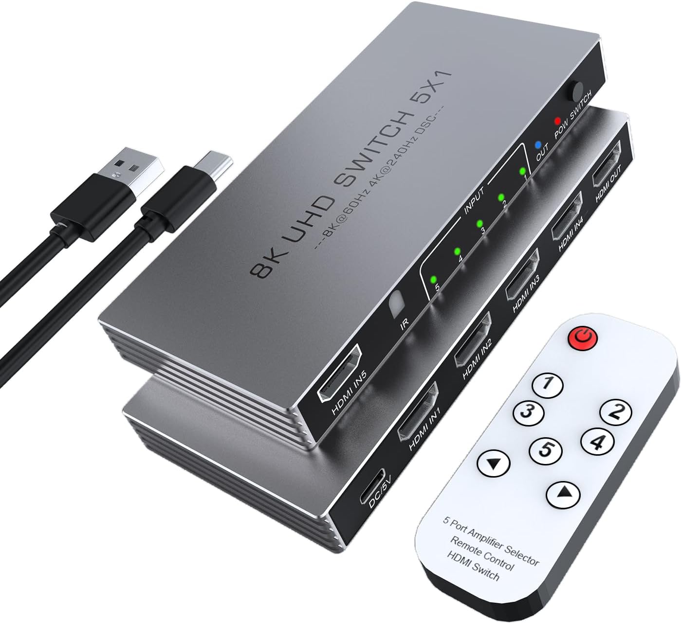 HDMI Switch 5 in 1 Out for 8K@60Hz and 4K@240Hz Gaming