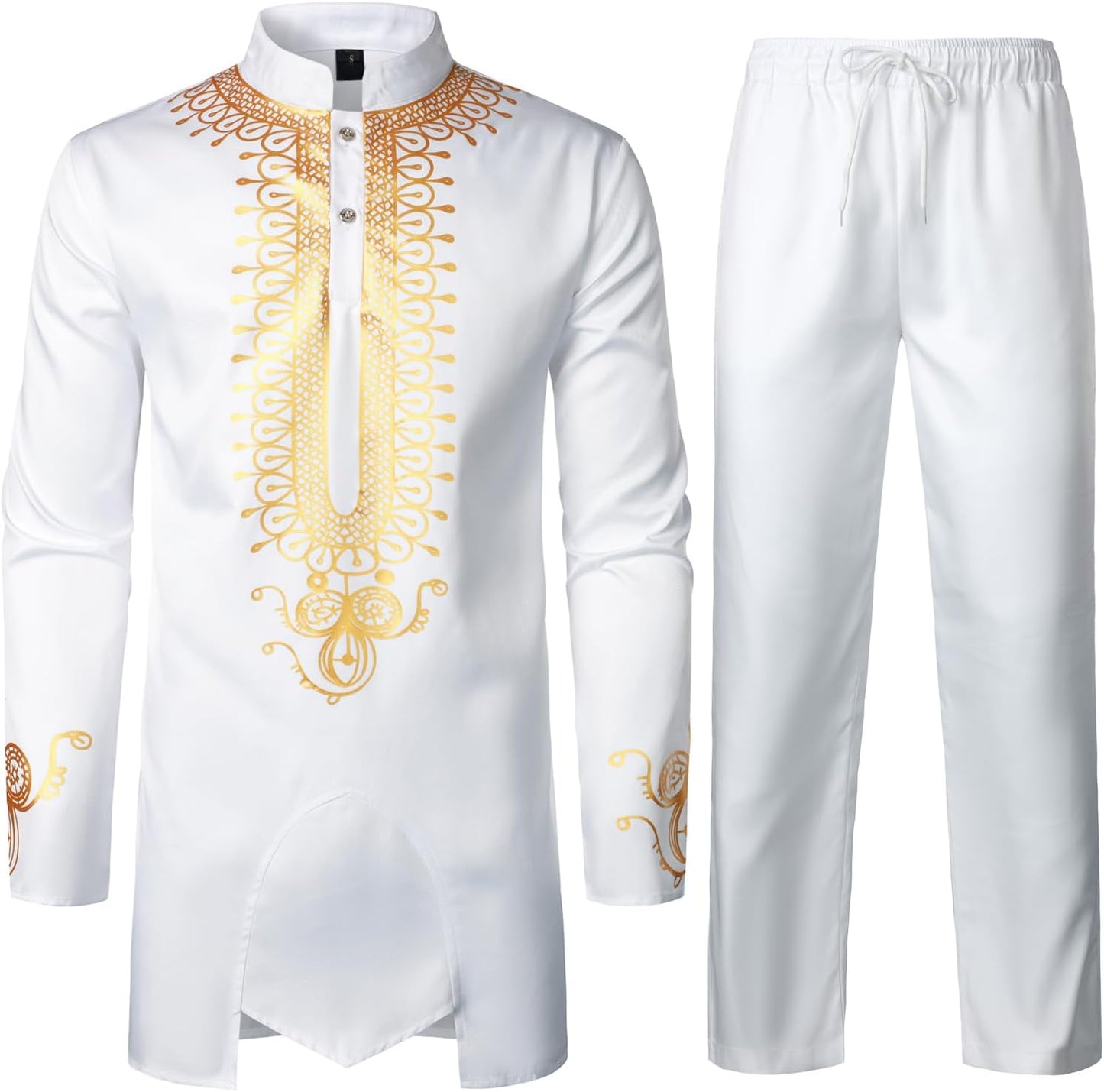 ZEROYAA Men's Africa Suit Long Sleeve Print Dashiki Outfit Set
