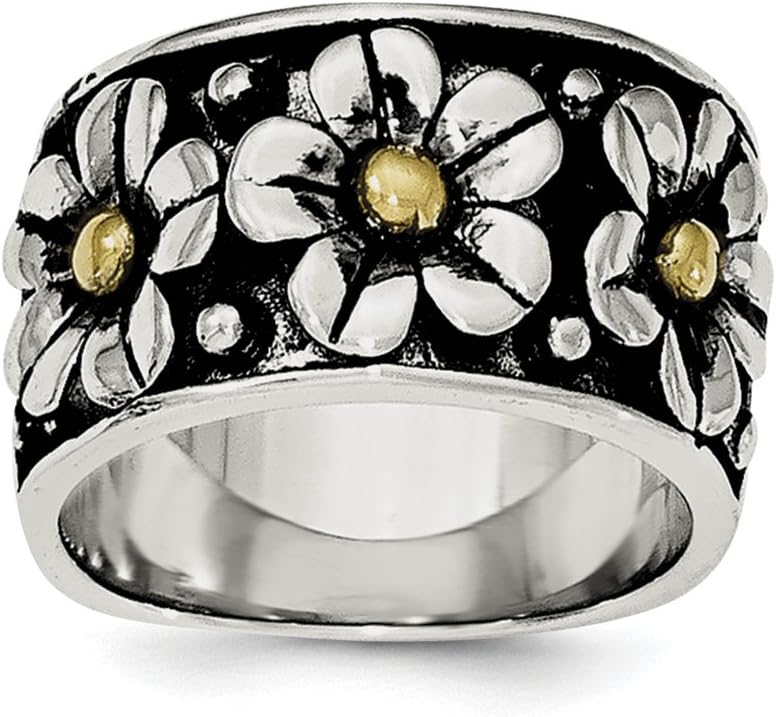 Sterling Silver Antiqued Daisy Wedding Band Ring with Gold Centers