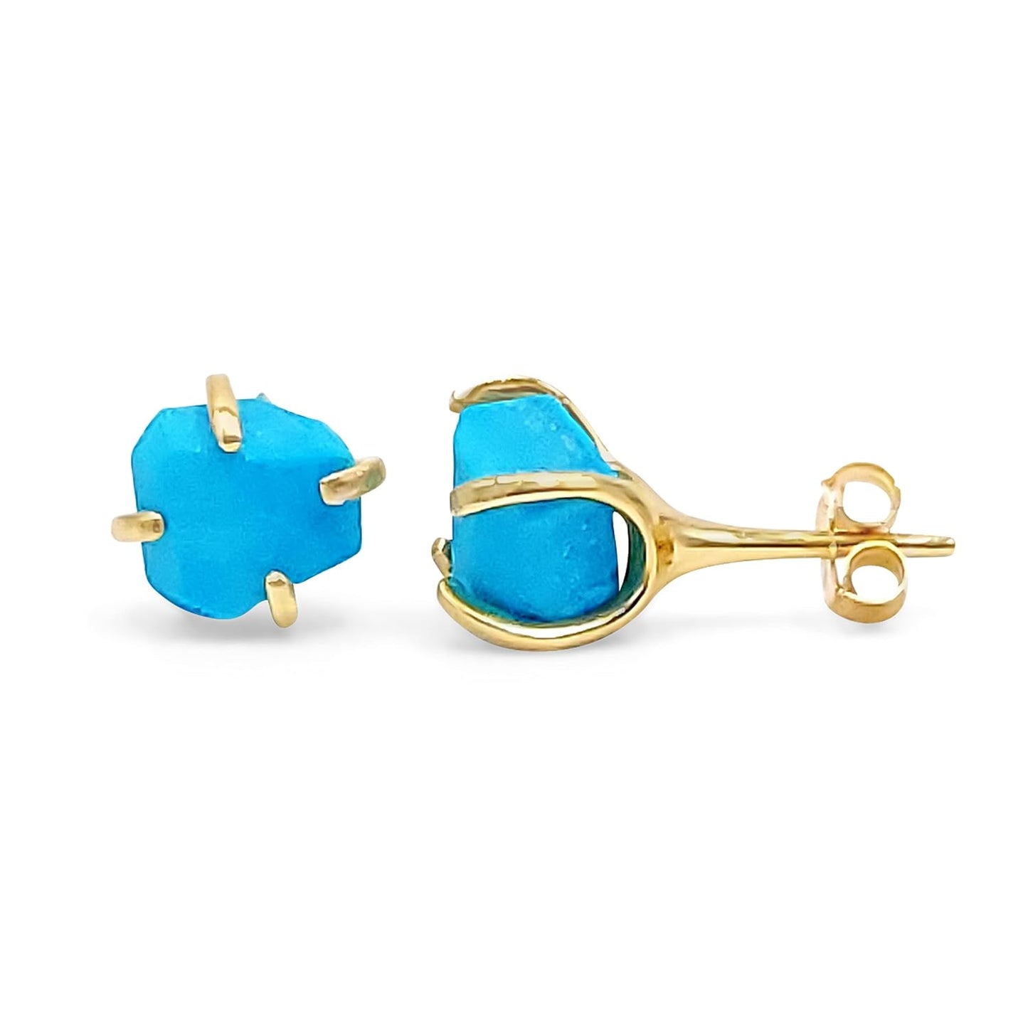 Natural Raw Turquoise Stud Earrings in Yellow Gold Over Silver