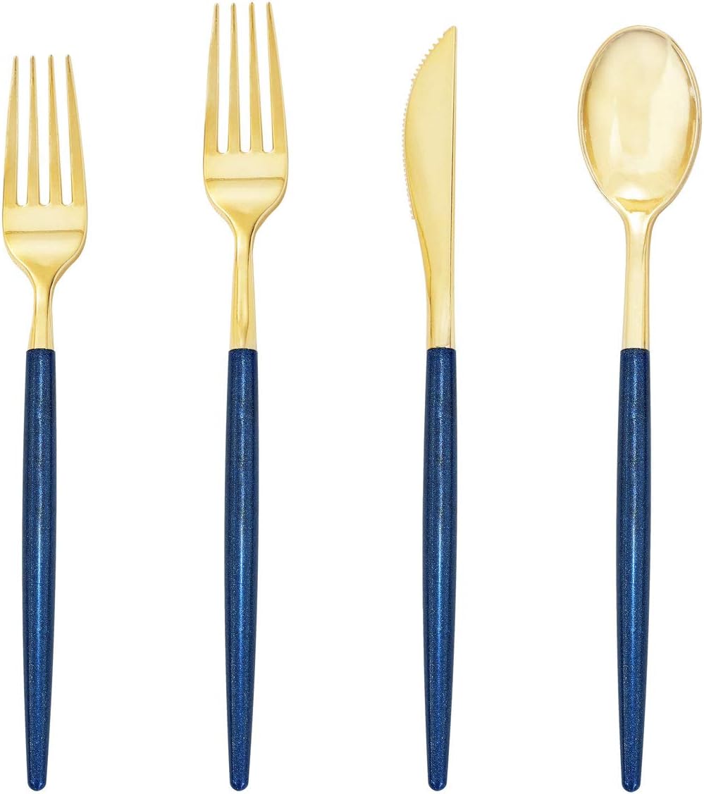 Supernal 180pcs Gold and Blue Plastic Silverware for Parties