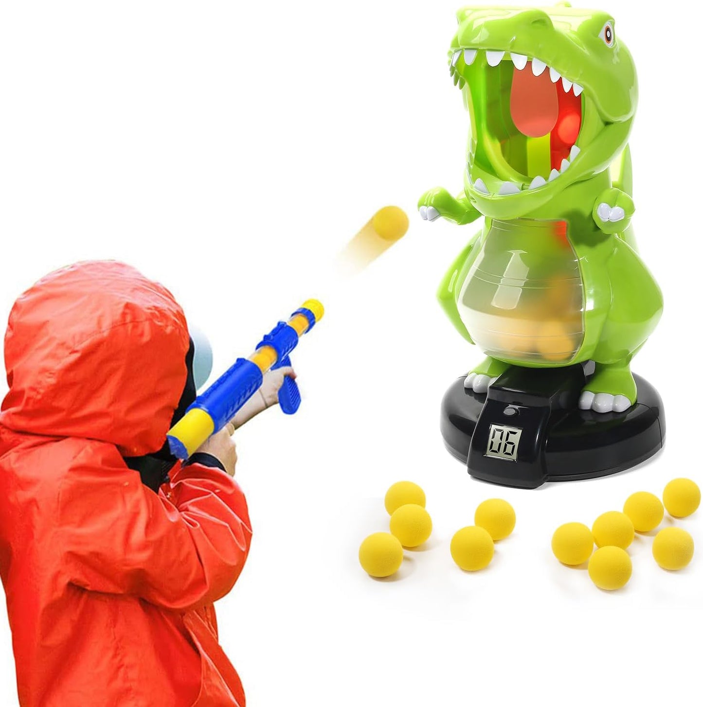 EagleStone Electronic Dinosaur Shooting Game: LCD Score, Air Pump Gun, 24 Foam Balls