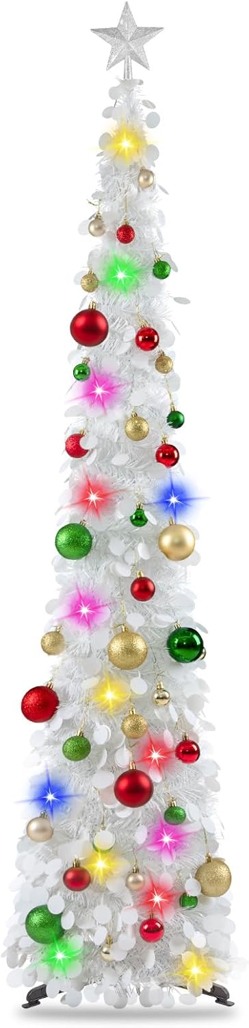 Pop Up Christmas Tree with Lights & 40 Balls for Holiday Decor