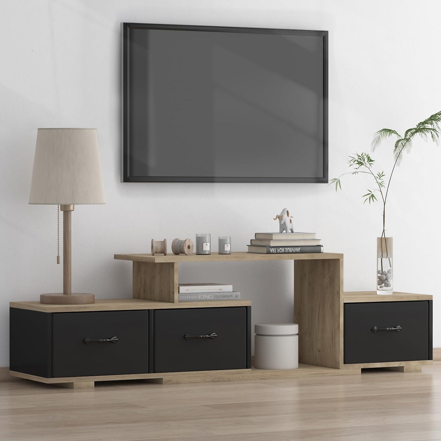 Zanzio TV Stand: 3 Fabric Drawers, Shelf, Brown Wood, 63 Wide
