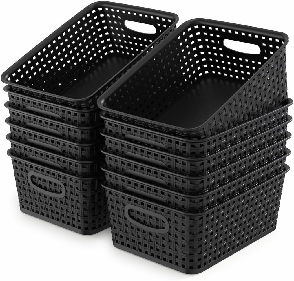 WYT 12-Pack Plastic Small Shelf Storage Weave Baskets for Organizing