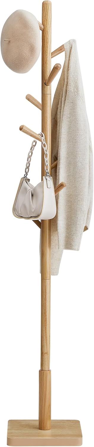 VASAGLE Solid Wood Coat Rack with 8 Hooks and 3 Heights
